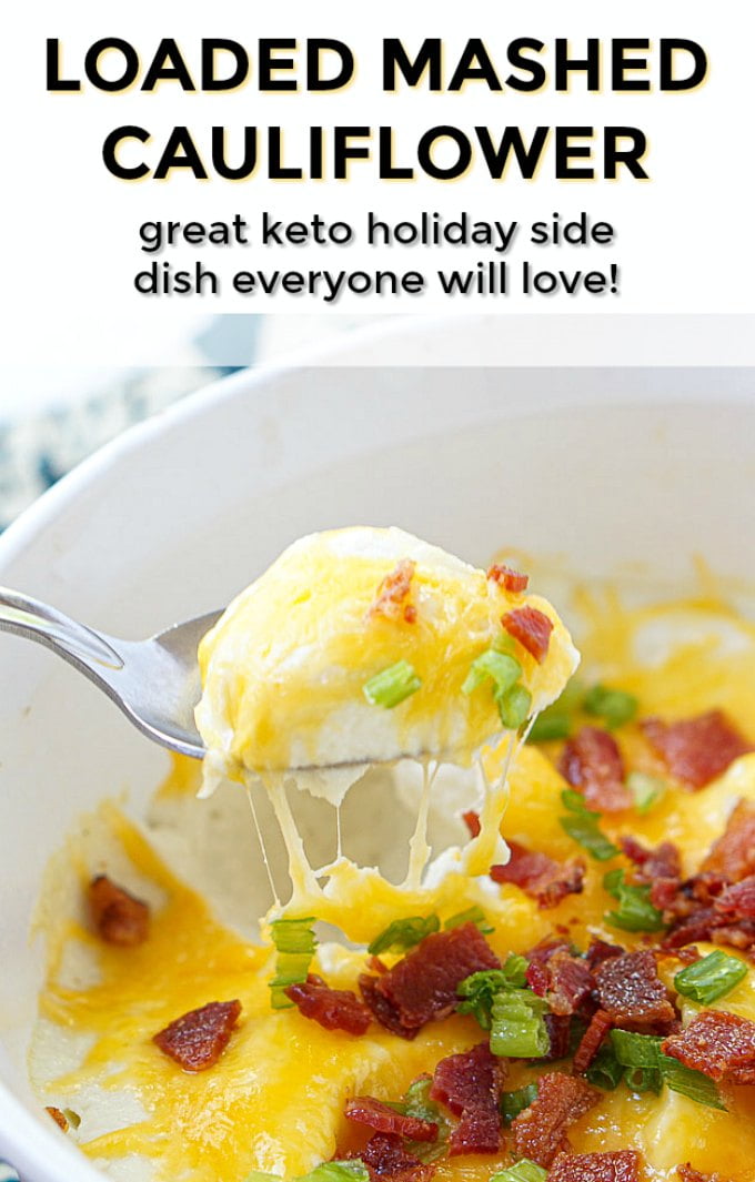 closeup of keto loaded mashed cauliflower with text