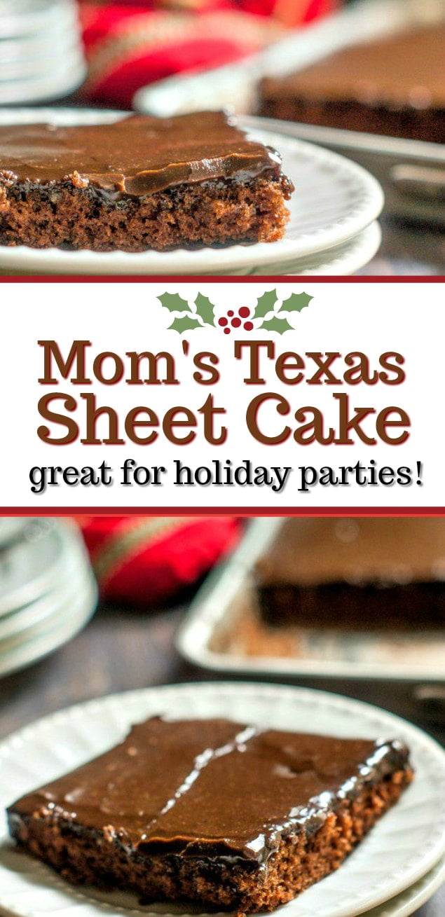 piece of Texas sheet cake on white plate with pan in background and text overlay