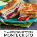 closeup of Thanksgiving turkey and cranberry Cristo sandwich on green plate and text
