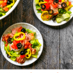 bowls and plates with low carb Italian sub salads with text
