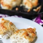 baking tray and white dish with keto baked tilapia with text