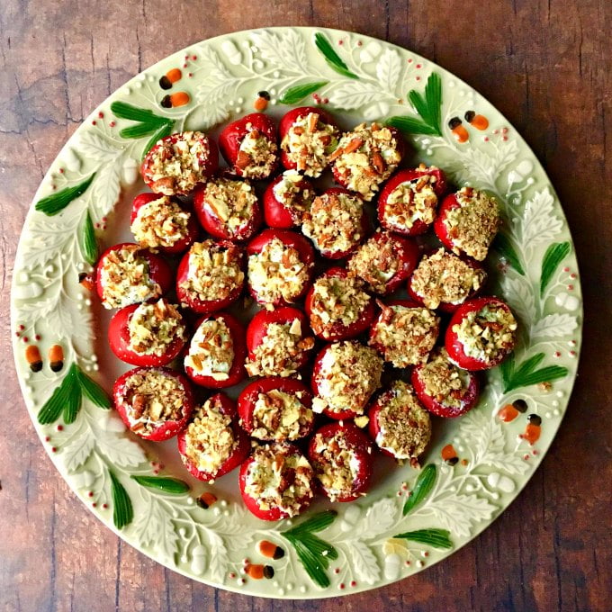 decorative plate with goat cheese stuffed pepper appetizer 