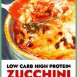 Closeup of a bowl of low carb lasagna soup with the melted cheese on top and text.