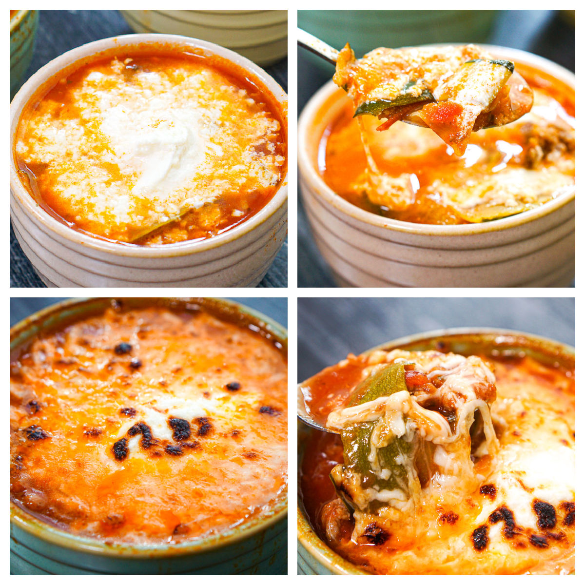 Collage of the finished low carb zucchini soup using both fresh mozzarella and regular shredded mozzarella cheeses.