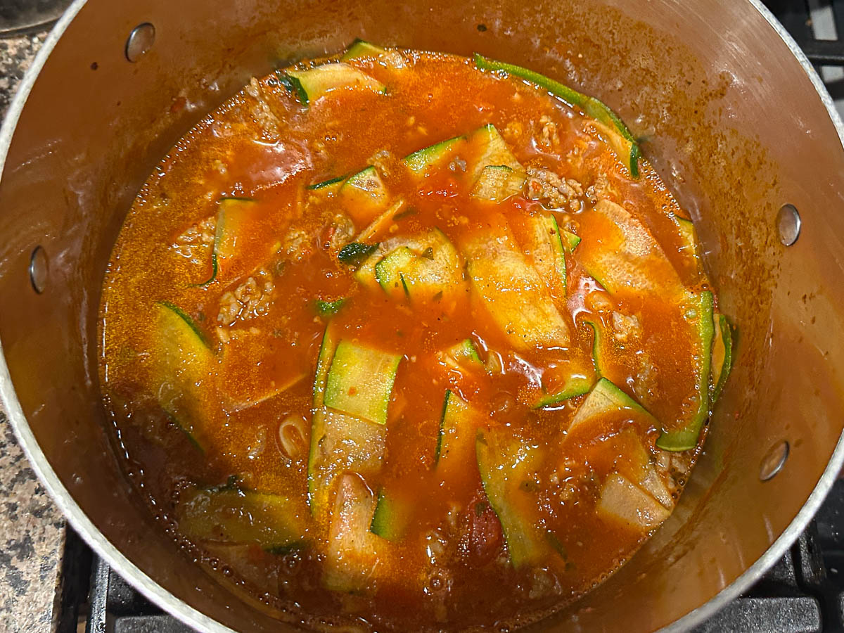 Soup pot with the finished lasagna soup