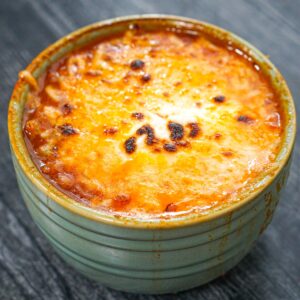 Closeup of a bowl of low carb lasagna soup.