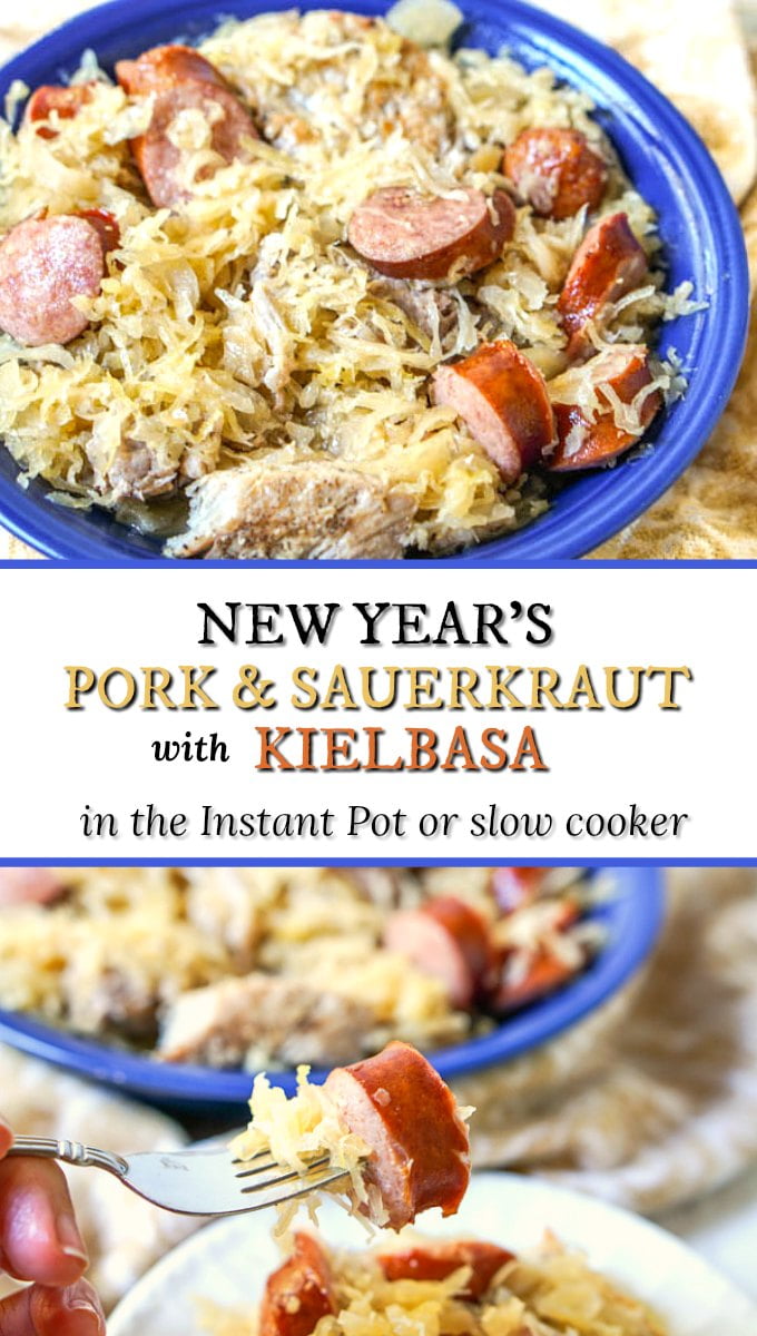 blue bowl with New Years pork and sauerkraut with kielbasa and text overlay