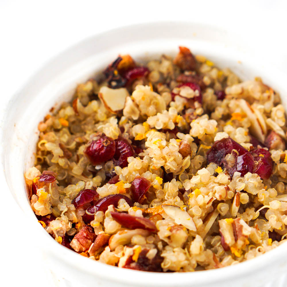 closeup of cranberry orange quinoa breakfast bowl