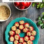 green plate with goat cheese stuffed peppadews with text
