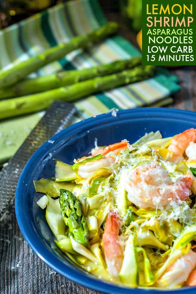 These lemon shrimp asparagus noodles are a delicious and healthy dinner. Perfect for a light, low carb dinner and only takes 15 minutes to make. Each serving is only 3.3g net carbs!