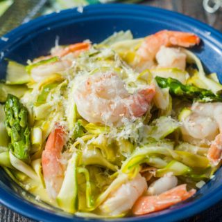These lemon shrimp asparagus noodles are a delicious and healthy dinner. Perfect for a light low carb dinner and only takes 15 minutes to make.