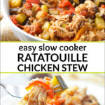 a bowl and plate of slow cooker chicken stew with text