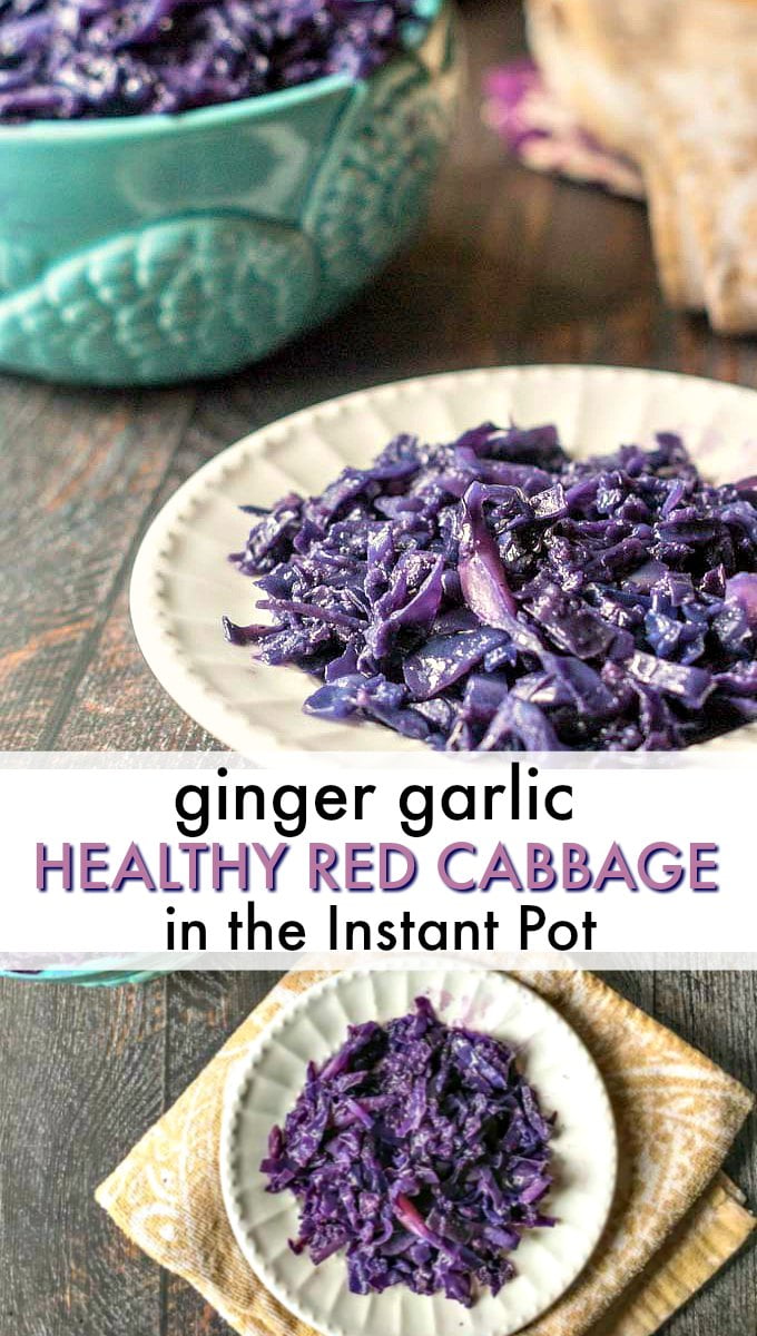 collage of white plates of garlic ginger red cabbage with a blue bowl and text overlay