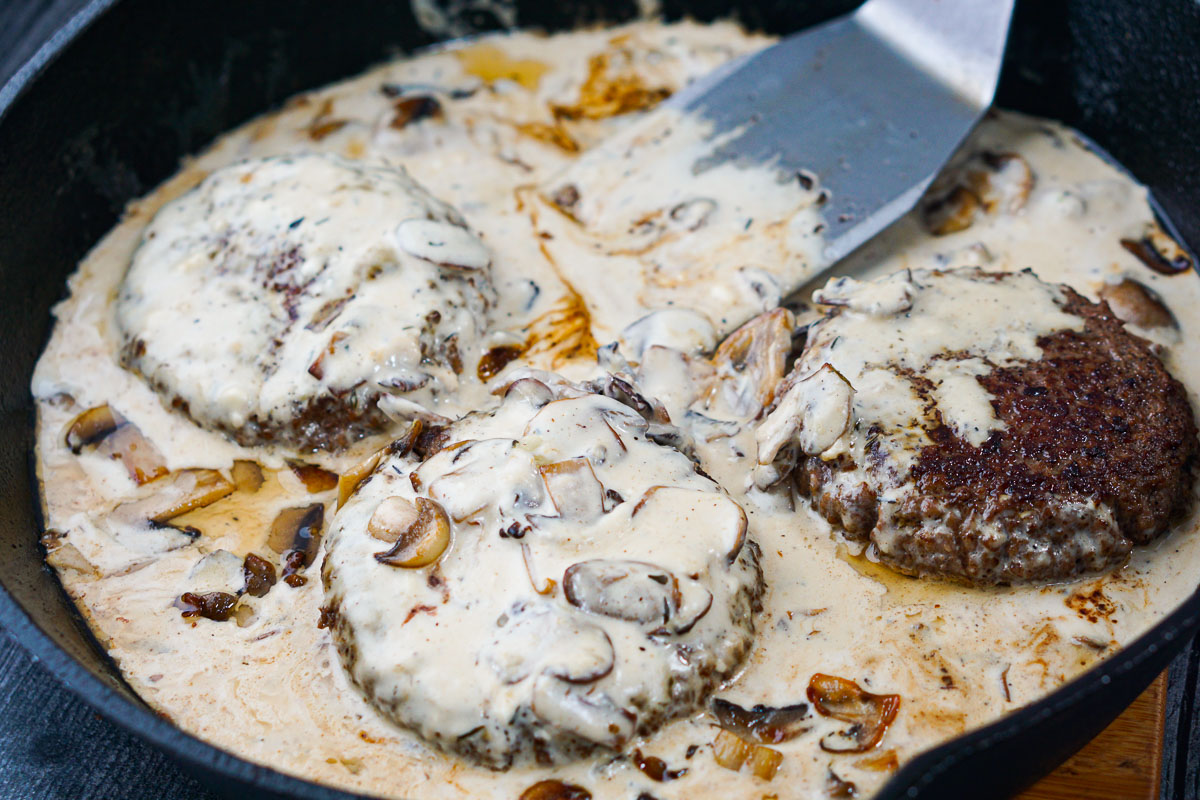 finished pan with creamy keto burgers and mushroom sauce