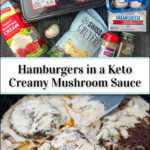 ingredients and pan with burgers in creamy cheese and mushroom sauce and text