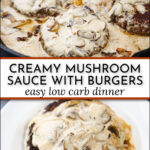 plate and pan with burgers in creamy cheese and mushroom sauce and text