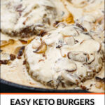 pan with burgers in creamy cheese and mushroom sauce and text