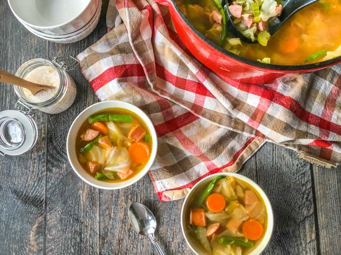 This easy kielbasa vegetable soup will keep you warm on a cold day. Simple ingredients but full of flavor.  Only 6.9g net carbs per serving.
