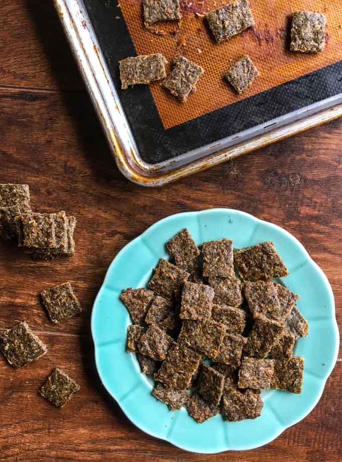 These low carb gyro meat crackers are super easy to make and a delicious snack. Only 0.9g net carbs for 10 small crackers. Great on salads too!