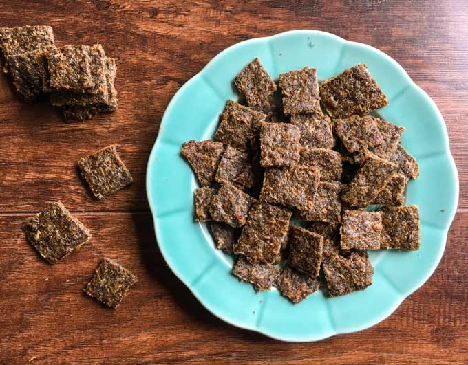 These low carb gyro meat crackers are super easy to make and a delicious snack. Only 0.9g net carbs for 10 small crackers. Great on salads too!