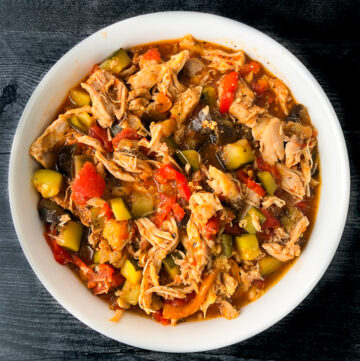 white bowl with slow cooker chicken ratatouille stew
