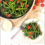pan with tomatoes and green beans and text