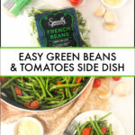pan with tomatoes and green beans and text