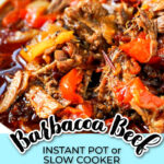 Closeup of a bowl of Instant Pot barbacoa beef and text overlay.