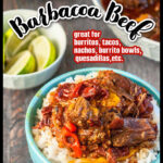 Closeup of a bowl of Instant Pot barbacoa beef and text overlay.