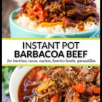 Closeup of a bowl of Instant Pot barbacoa beef and text overlay.