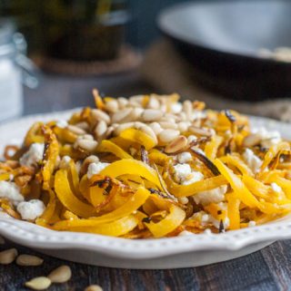 These golden beet noodles with pine nuts & goat cheese are so tasty you won't realize you are eating veggie noodles! And they take less that 20 minutes to make this gluten free, vegetarian dish! Easy, healthy, tasty.