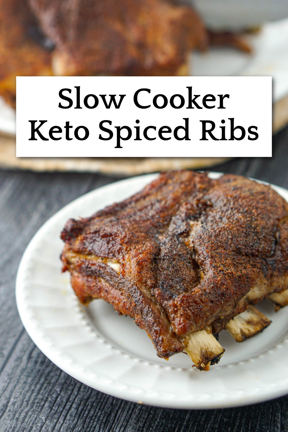 white dish with slow cooked middle eastern keto ribs and text