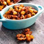 Blue bowl with Thai spicy mixed nuts.