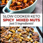 Sheet pan and blue bowl with Thai spicy mixed nuts and text overlay.