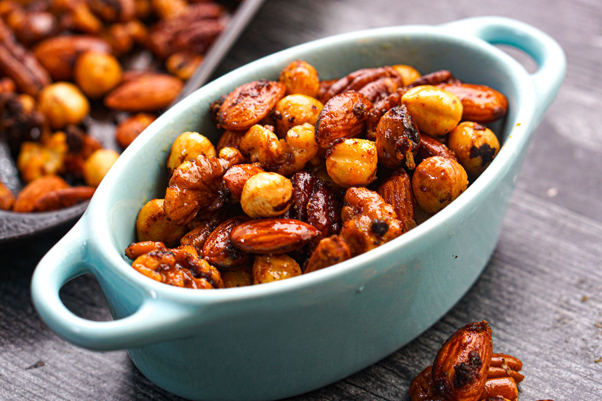 Closeup of a blue bowl with the finished recipe.