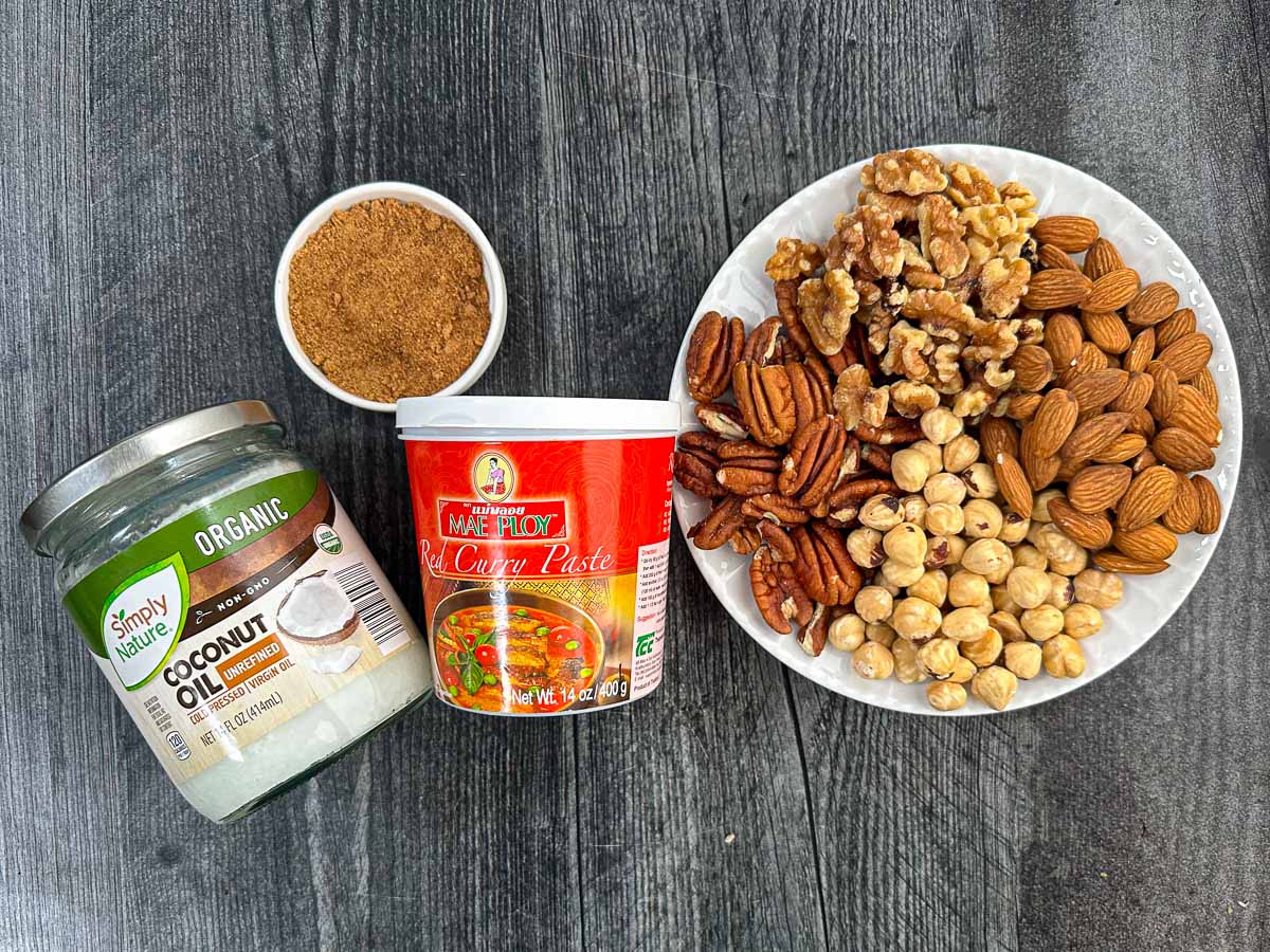 Recipe ingredient - Thai red curry paste, assorted mixed nuts, Swerve brown sugar sweetener, coconut oil.