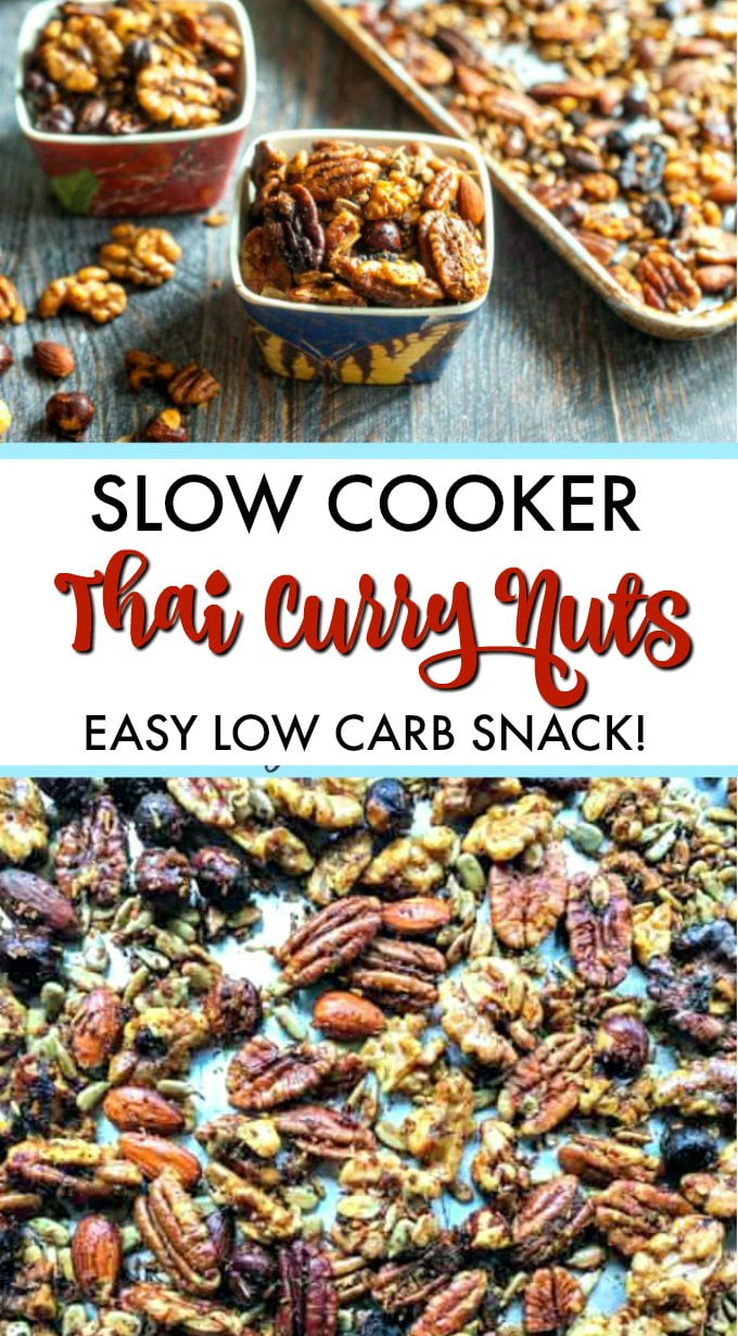 cups and pan of Thai curry low carb nuts with text overlay