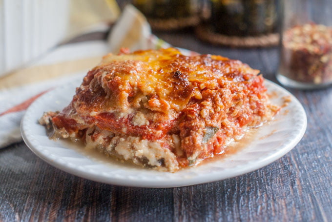 A delicious vegetable lasagna without noodles! Yes, it's all veggies, cheeses and marinara sauce for a tasty gluten free, vegetarian dinner. (You won't miss the noodles!)