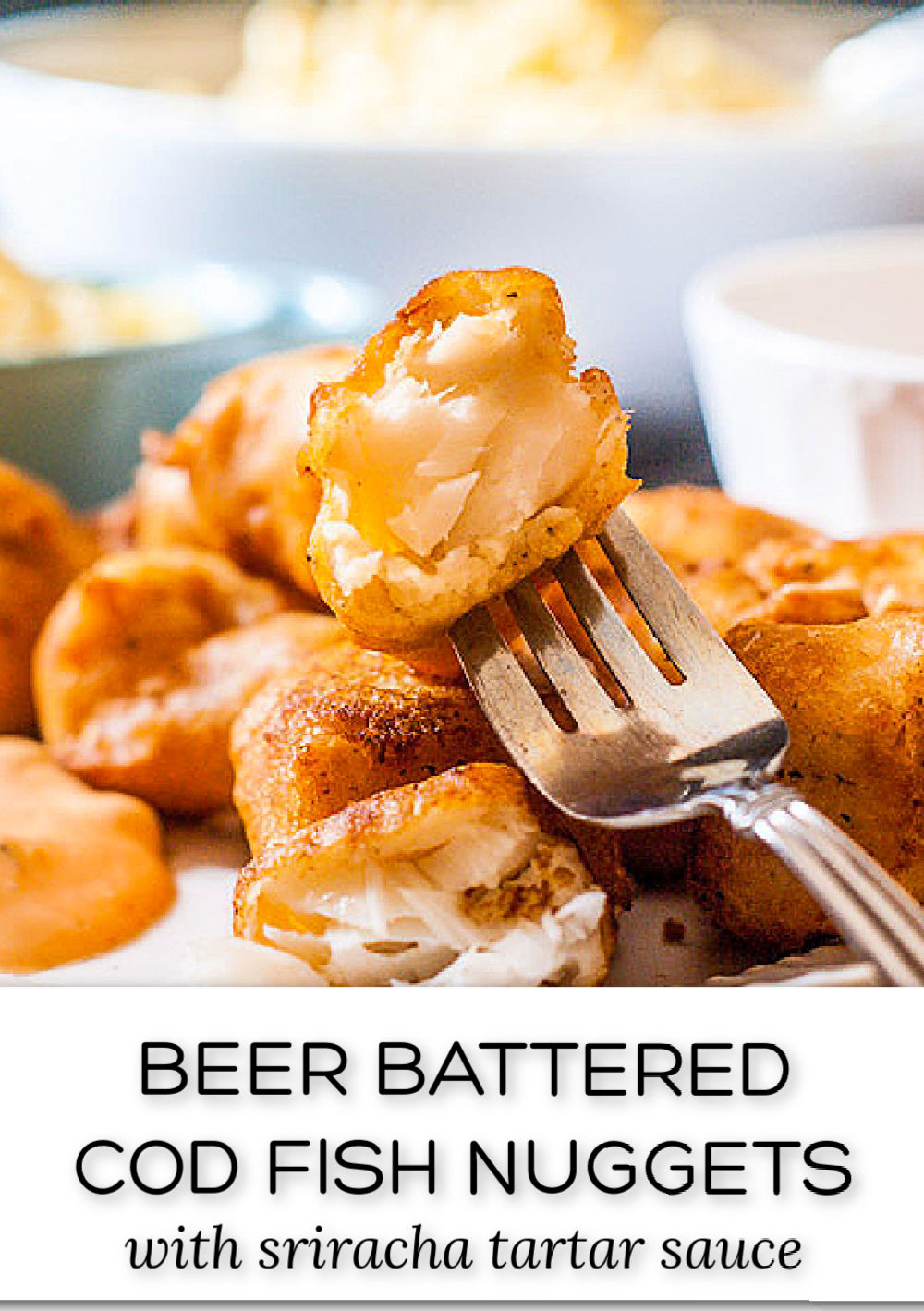 closeup of a plate of beer battered cod nuggets with a fish and text