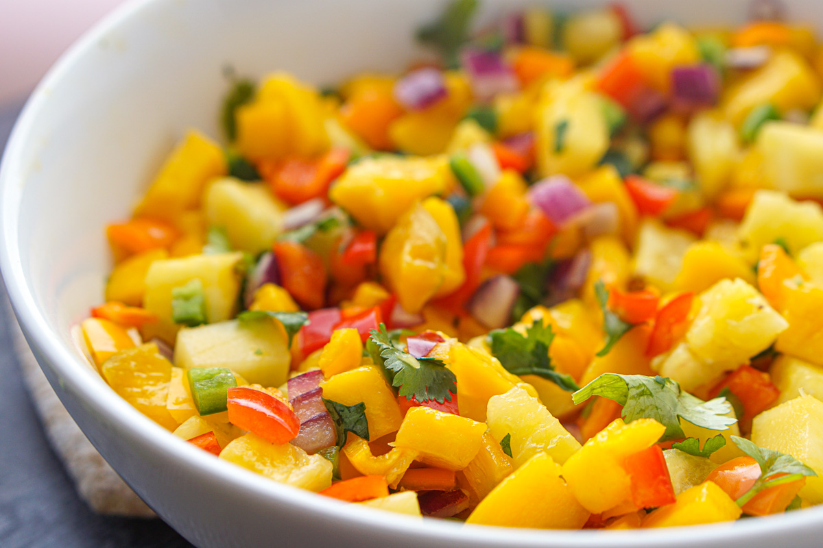 closeup of a bowl of fruit salsa