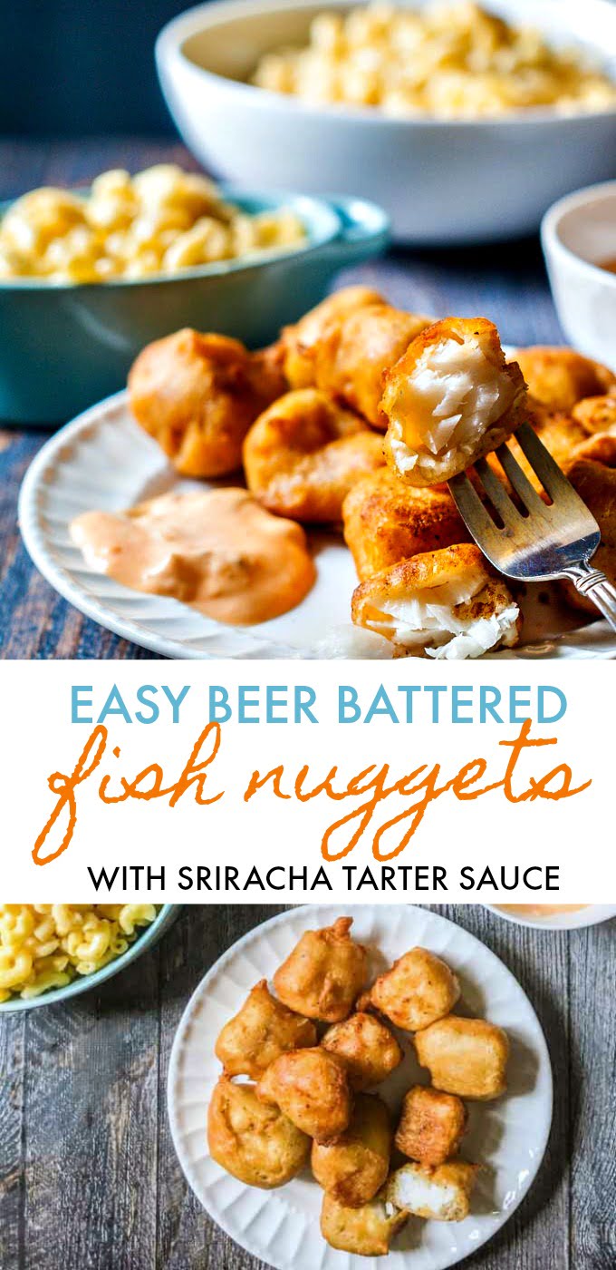 A plate of beer battered fish nuggets with a fork  and a white plate of nuggets and text overlay.