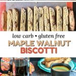 unbaked biscotti on cookie sheet and green plate with finished biscotti and text overlay