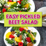 Closeup of a white plate with pickled beet salad with berries, pecans and gorgonzola cheese and text overlay.