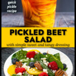 A jar of quick pickled beets and a white plate with pickled beet salad with berries, pecans and gorgonzola cheese and text overlay.