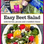 Ingredients and a white plate with pickled beet salad with berries, pecans and gorgonzola cheese and text overlay.