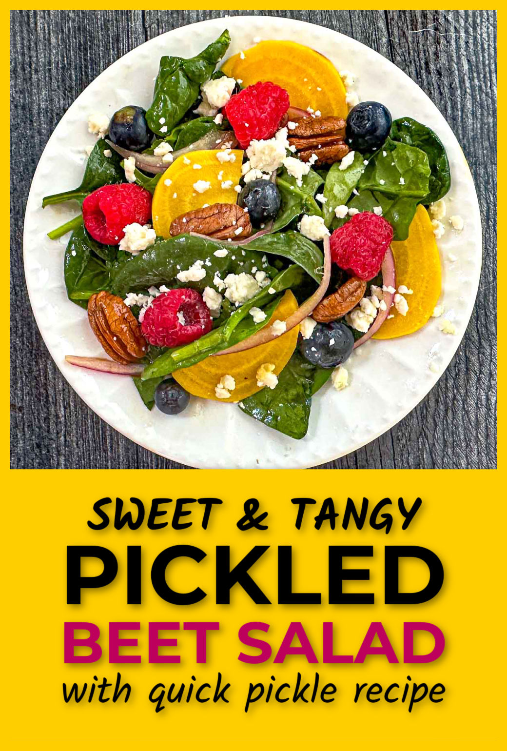 Closeup of a white plate with pickled beet salad with berries, pecans and gorgonzola cheese and text overlay.