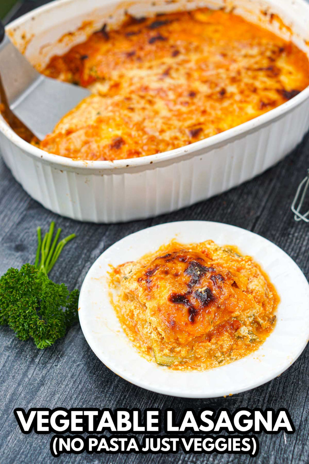 pan and dish with veggie lasagna and fresh parsley with text