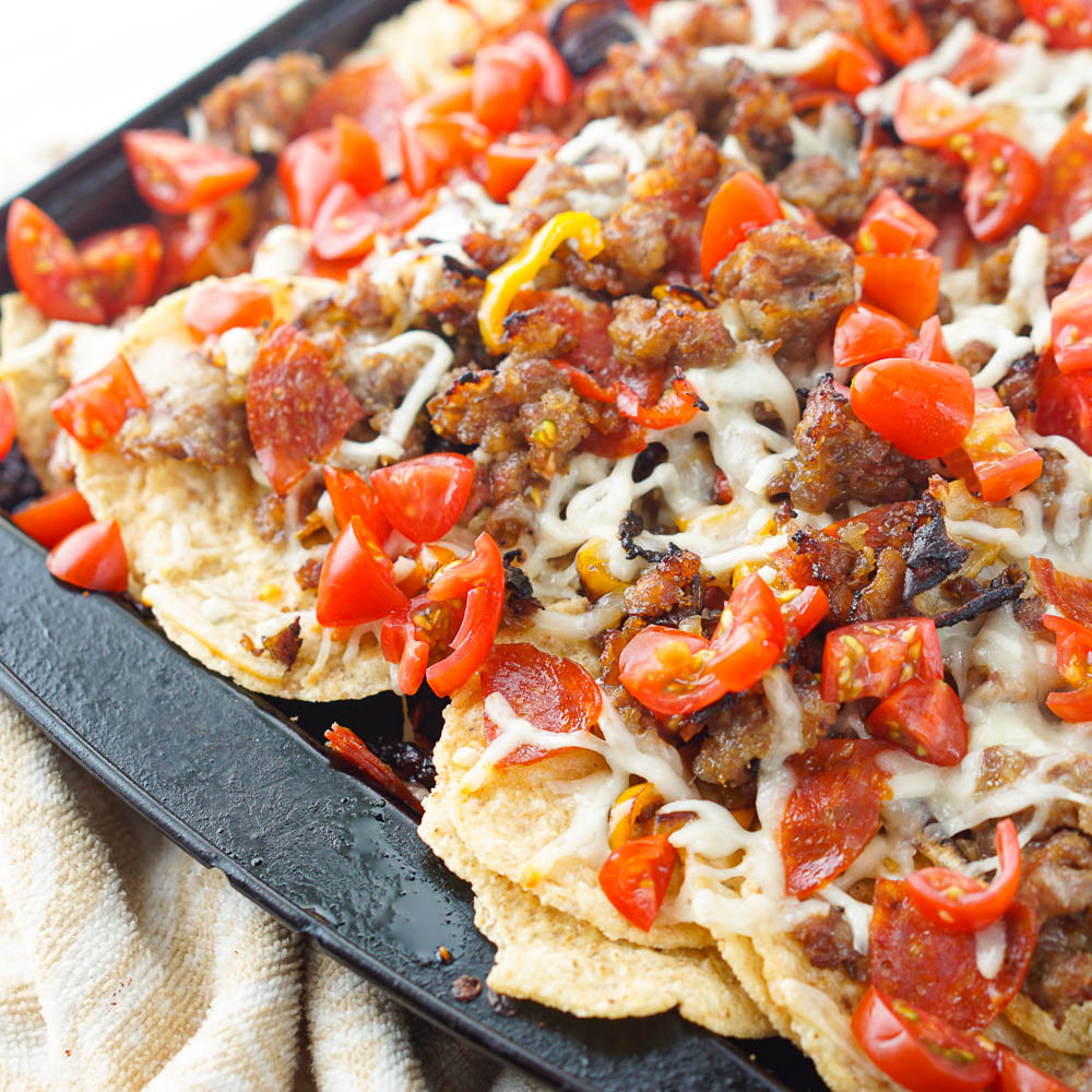 closeup of baking tray with Italian nachos