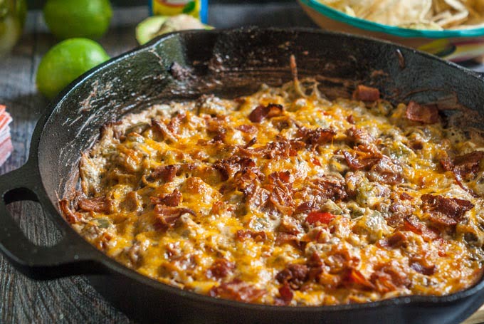 This alambre skillet cheese dip is has got it all: steak, peppers, onions, cheese and yes even bacon! A fun appetizer to celebrate Cinco de Mayo.