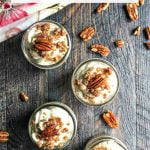 small jar with low carb cheesecake with bacon and pecans and text overlay